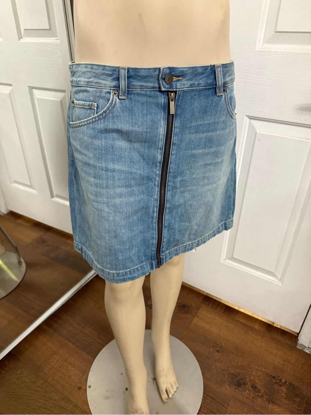 1. State Light Blue Front-Zip Denim Mini Skirt